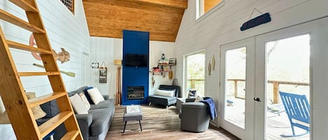 TV, fireplace, DVD player, books