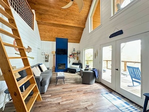 TV, fireplace, DVD player, books