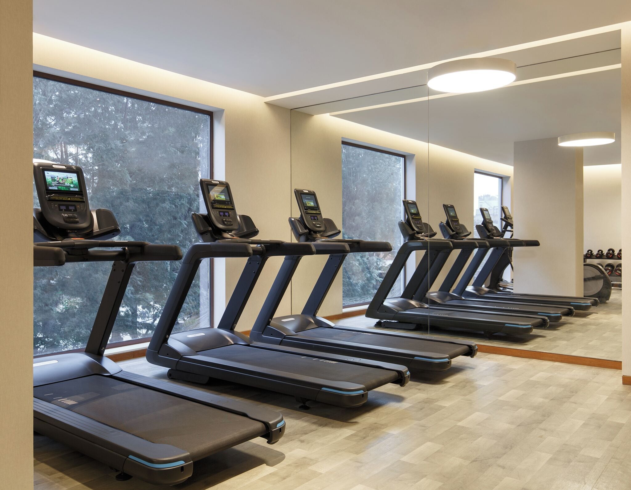 A row of treadmills with digital screens, large windows with a view of trees, and a clean, modern gym interior.