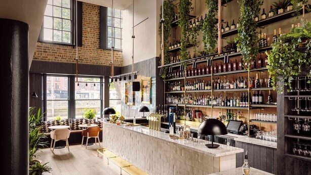 A bar area with a long counter, seating, and shelves of bottles. - Zanzibar Locke (Dublin)