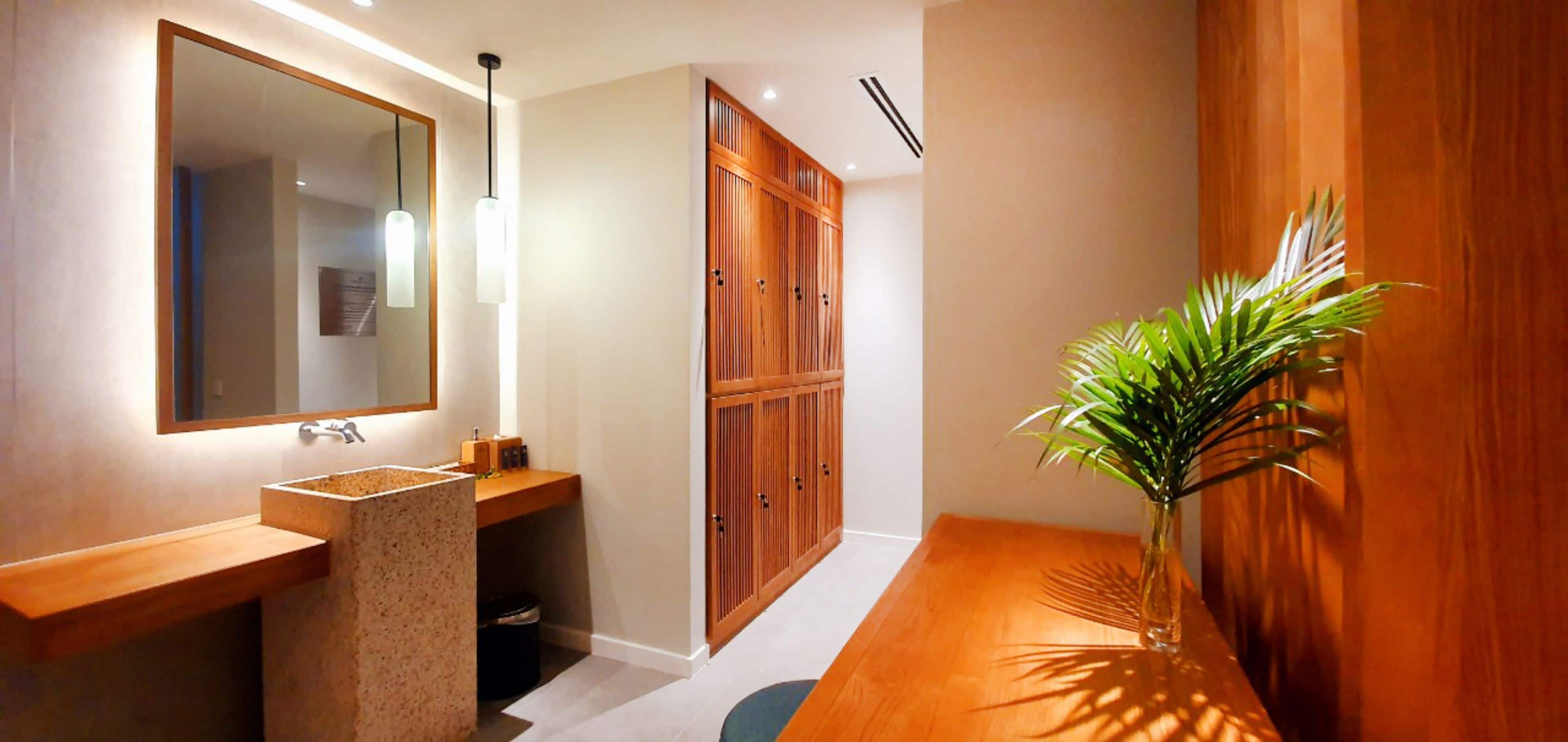 Un baño moderno con tocador de madera, un espejo grande y una planta en maceta.