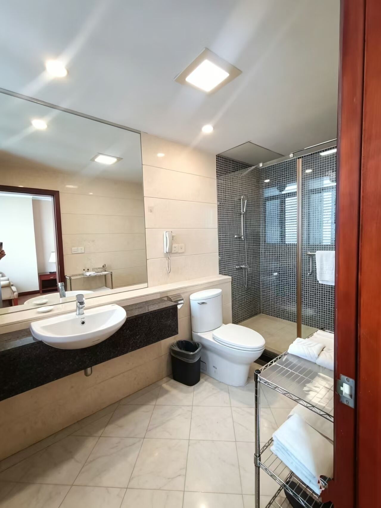 A modern bathroom with a large mirror, a sink, a toilet, and a shower area.