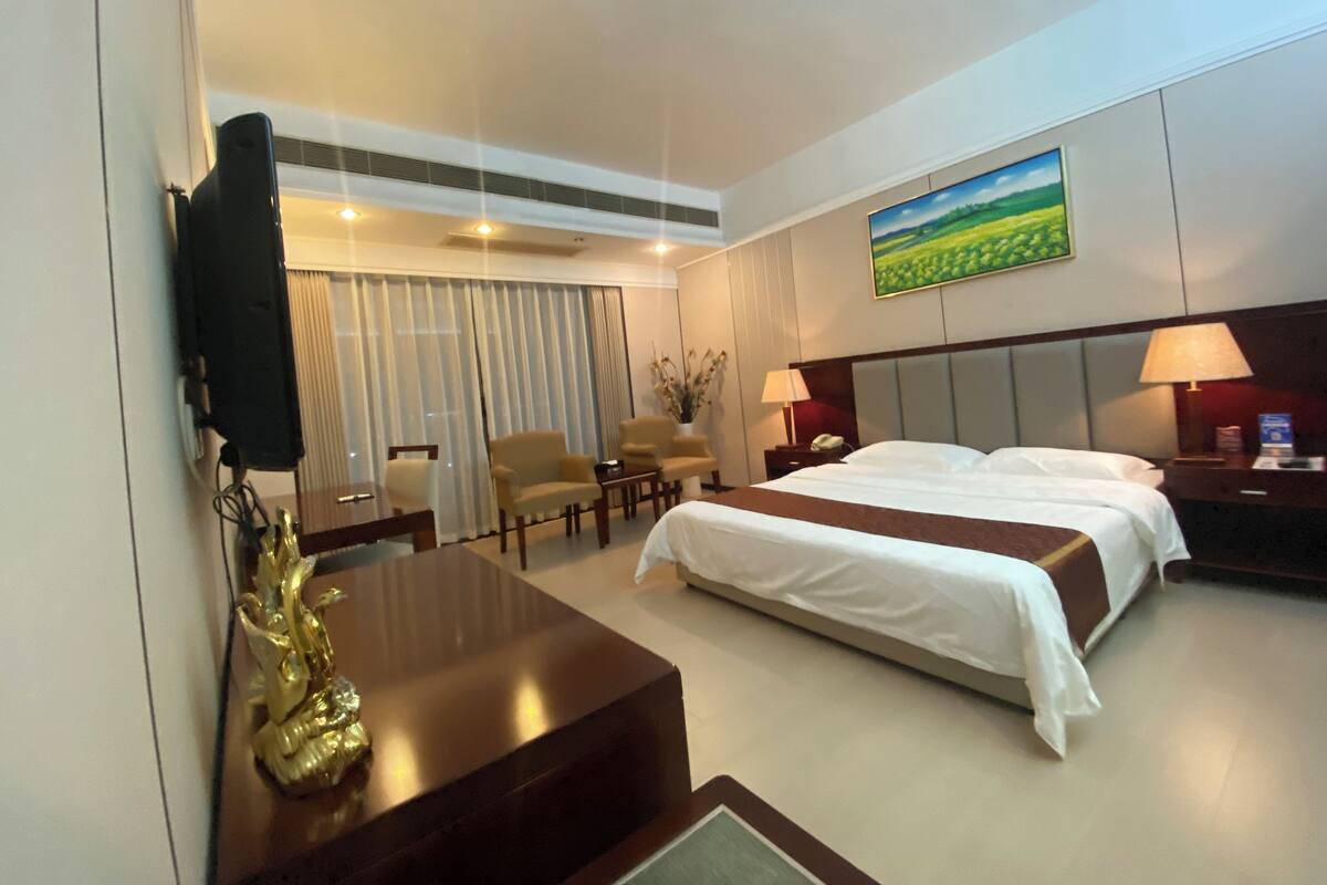 Una habitación de hotel con una cama grande, un televisor de pantalla plana montado en la pared, un escritorio con teléfono y un cuadro de un paisaje.
