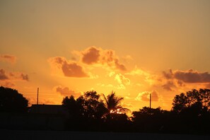 A sunset with clouds and silhouettes of trees and buildings.