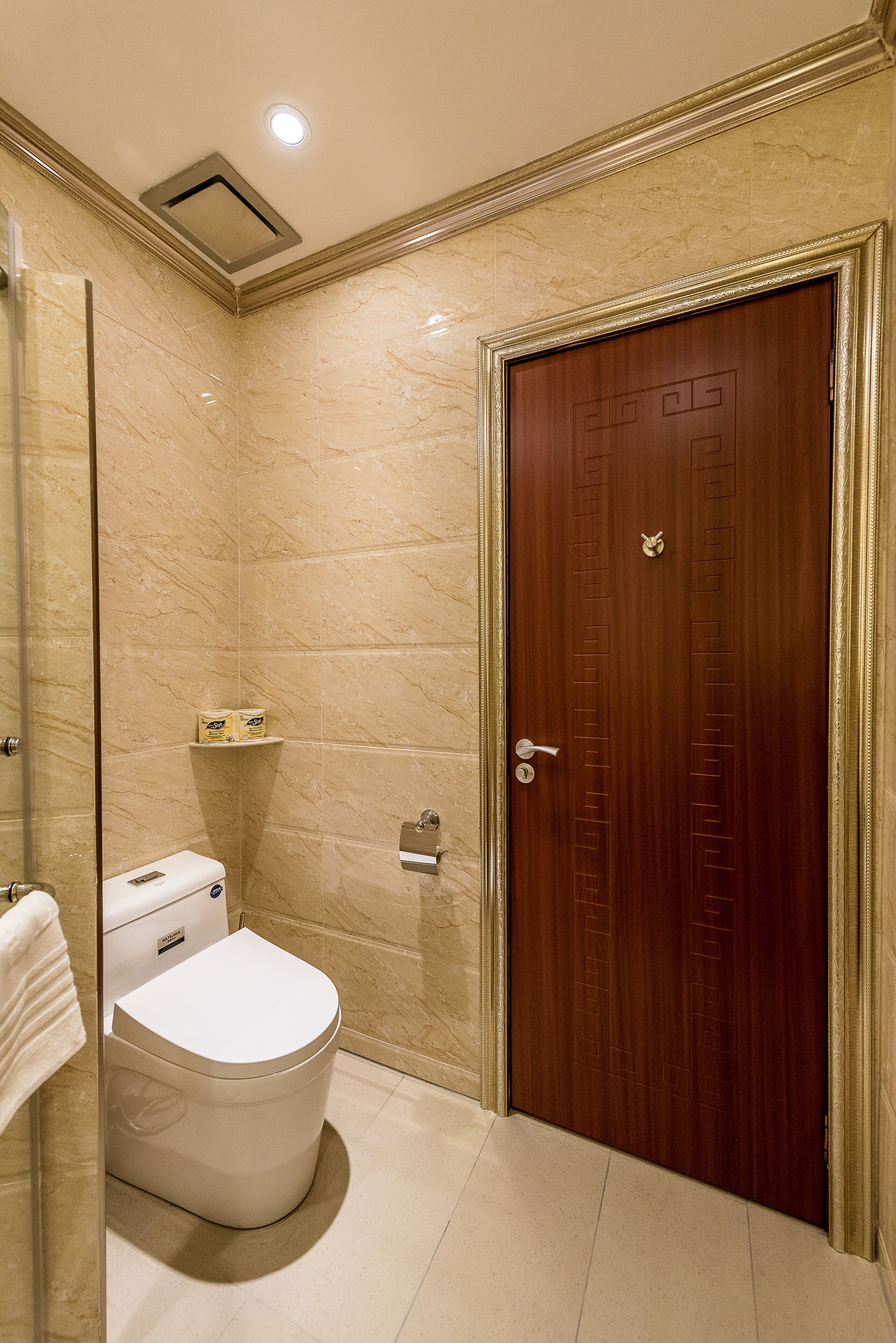 A bathroom with a marble wall, a wooden door, a toilet, and a towel rack.