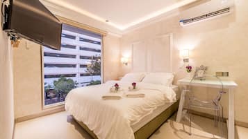 Individually decorated, desk, laptop workspace, blackout curtains