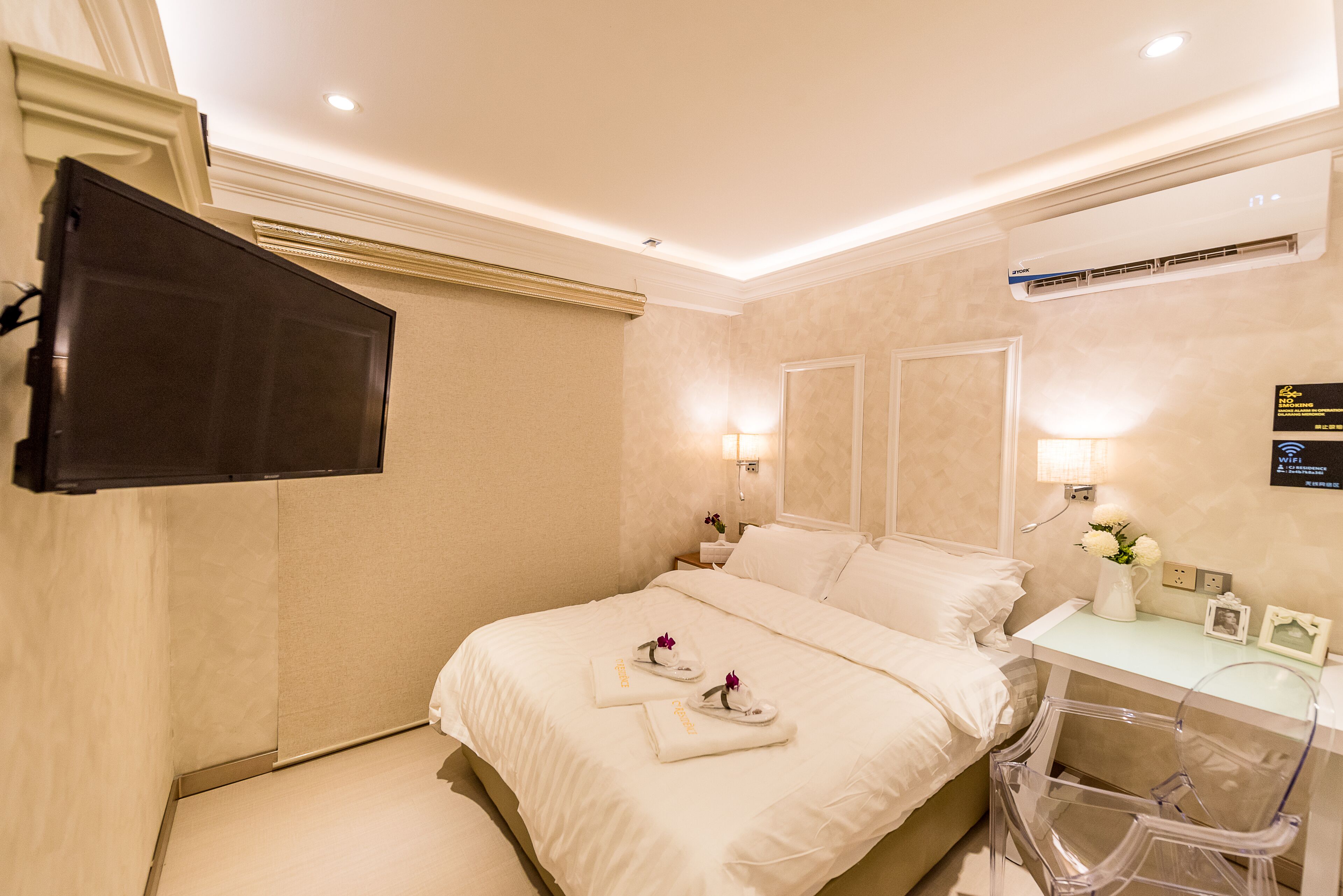 individually decorated, desk, laptop workspace, blackout curtains