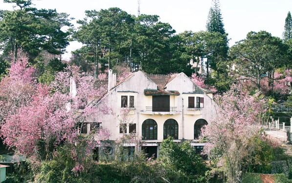A two-story building with a symmetrical facade, arched windows, and a central balcony. - Homestay Thuy Duong (Da Lat)
