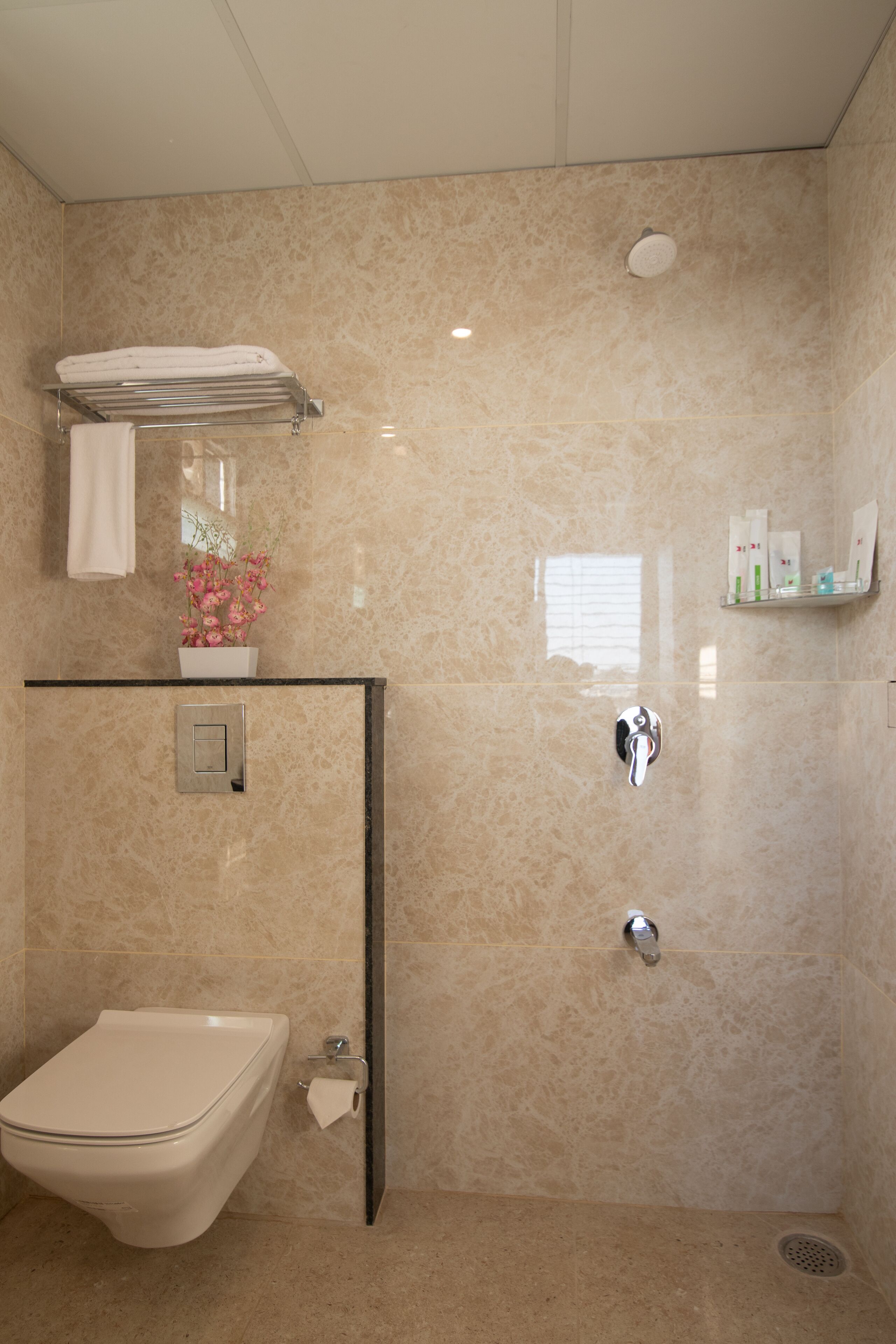 Une salle de bain avec des toilettes, une douche et un lavabo.