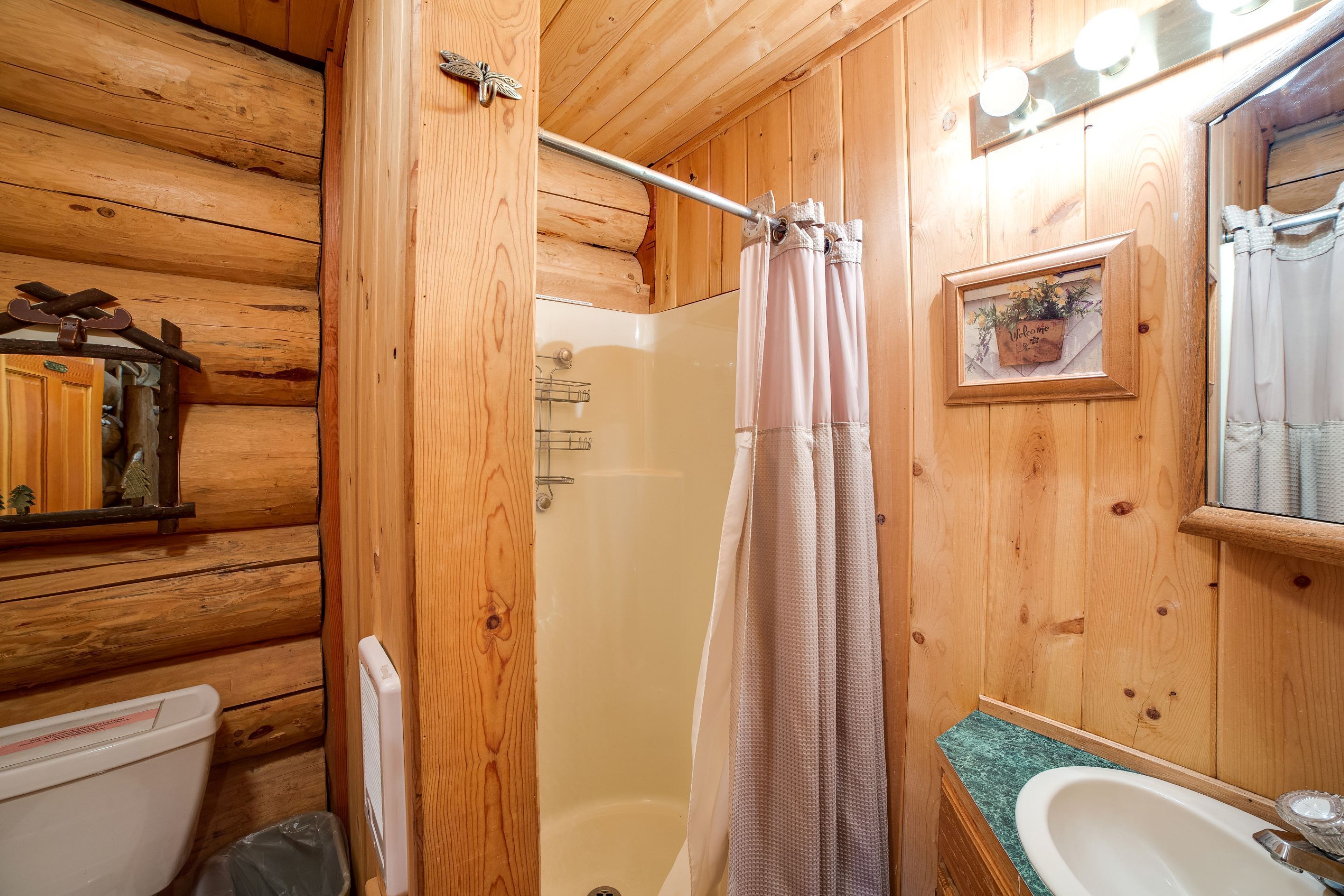 A wooden cabin bathroom with a shower, toilet, and sink.