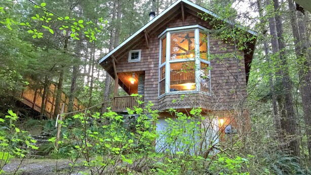 A rustic cabin with a large window, surrounded by dense forest. - Snowline Cabin #25 A Country-style pet Friendly Cabin With hot tub and Wifi! (Deming)