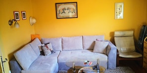 Apartment, 1 Schlafzimmer, Kamin, Gartenblick | Wohnzimmer | Fernseher, Bücher