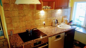 A kitchen with a granite countertop, a stove, a sink, and a window with a view of the outside. - Apartment Under Cedar (Sobotka)