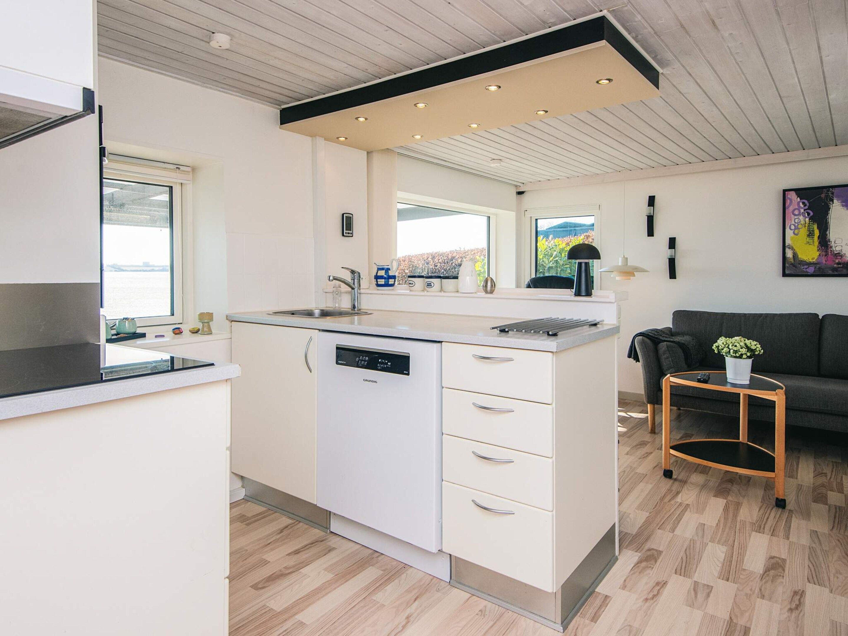 A modern kitchen with a dishwasher, a sink, and a window. There is a small table with a plant and a sofa in the living area.