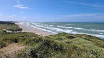 A coastal landscape with a beach, grassy dunes, and a clear sky.