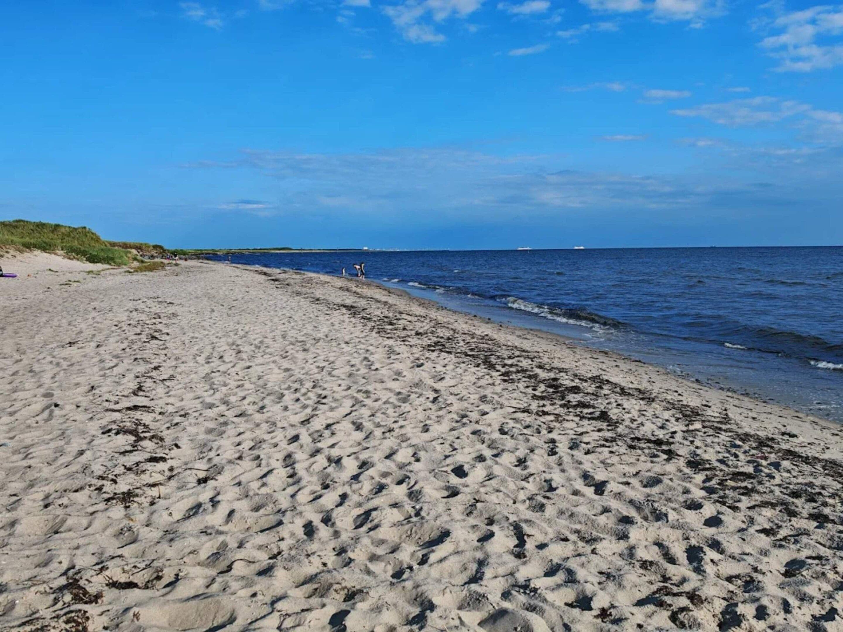 A sandy beach with gentle waves, a clear sky, and distant boats.