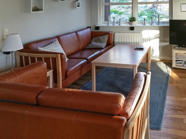 A modern living room with a brown leather sofa, a wooden coffee table, and a television on a stand.