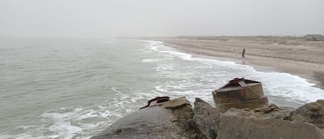 A coastal scene with a rocky foreground, a sandy beach, and a person standing in the distance.