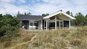 A modern house with a covered patio, surrounded by natural vegetation. - 4 Star Holiday Home in Jerup (Jerup)