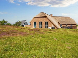 A traditional brick house with a thatched roof, surrounded by a grassy field with wildflowers. - 4 Star Holiday Home in Ringkobing (Ringkobing)