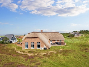 A thatched-roof house with brick walls, surrounded by a grassy field and other similar houses. - 4 Star Holiday Home in Ringkobing (Ringkobing)