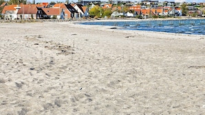 A sandy beach with a row of houses in the background.