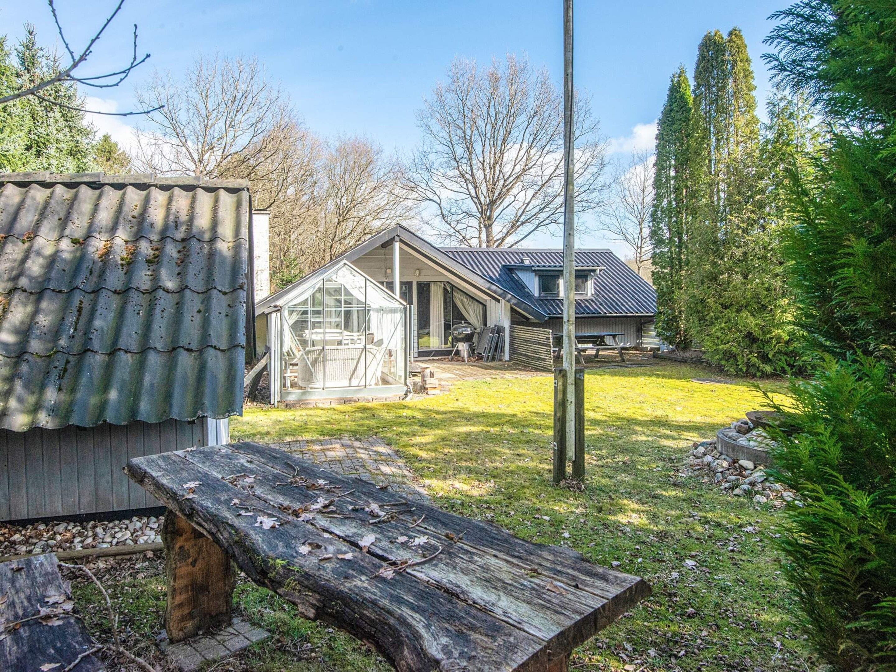 A rustic cabin with a metal roof, a wooden bench, and a small greenhouse.