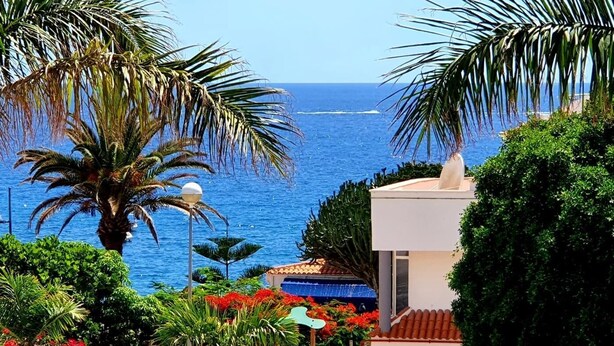 A coastal view with a clear blue sea, palm trees, and a building with a tiled roof. - Bright and airy spacious three bedroom Holiday Home with private pool (La Caleta)