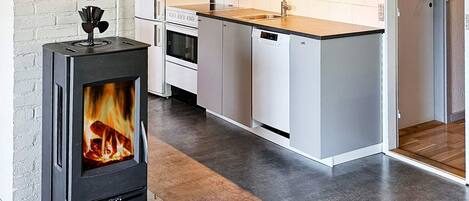 A modern kitchen with a wood-burning stove, white cabinets, and a stainless steel sink.