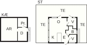 A floor plan with labeled rooms: KAE, ST, TE, and KE. - 4 Person Holiday Home in Hejls (Hejls)