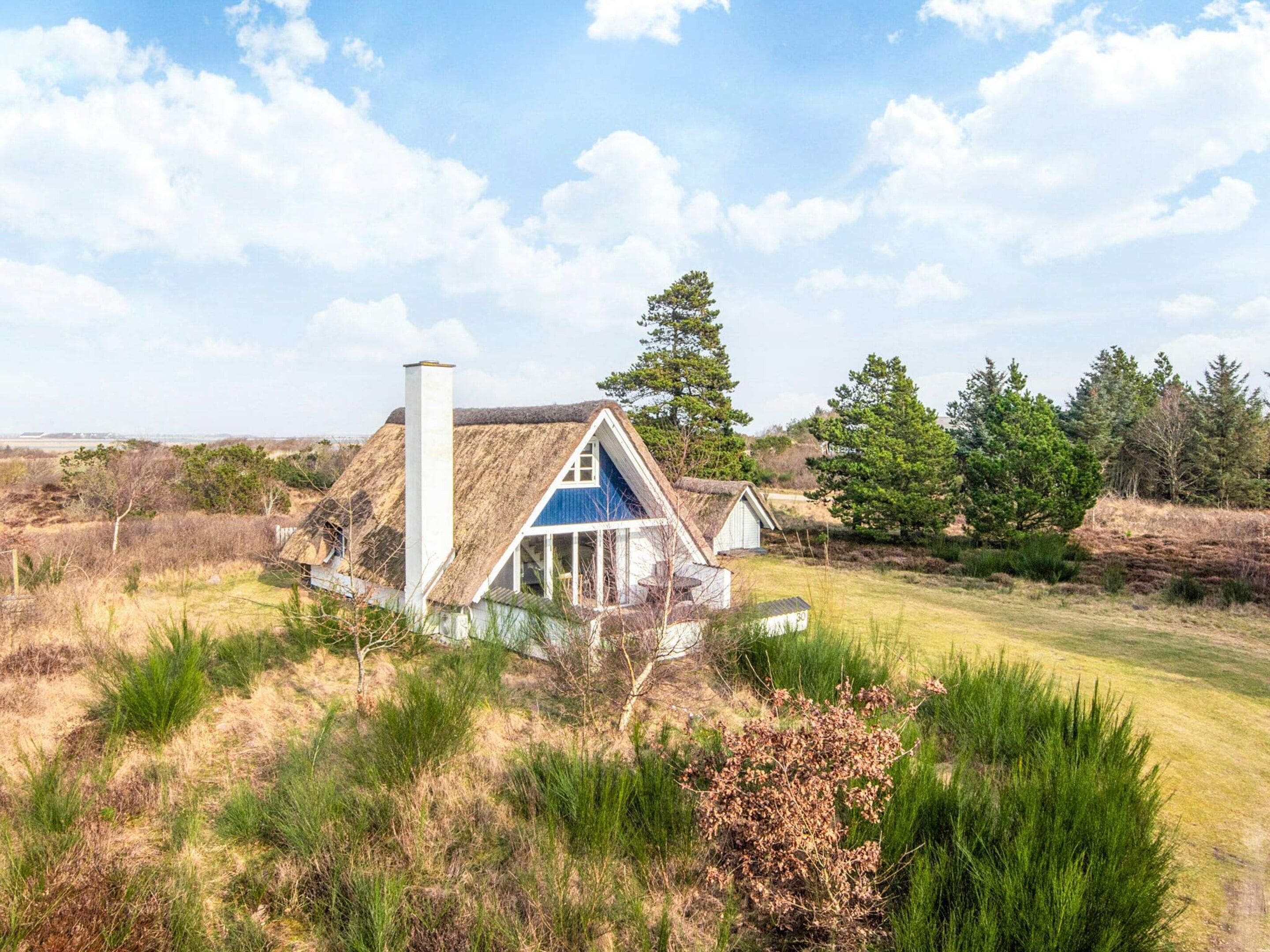 A thatched-roof house with a white chimney, surrounded by a grassy field and trees.