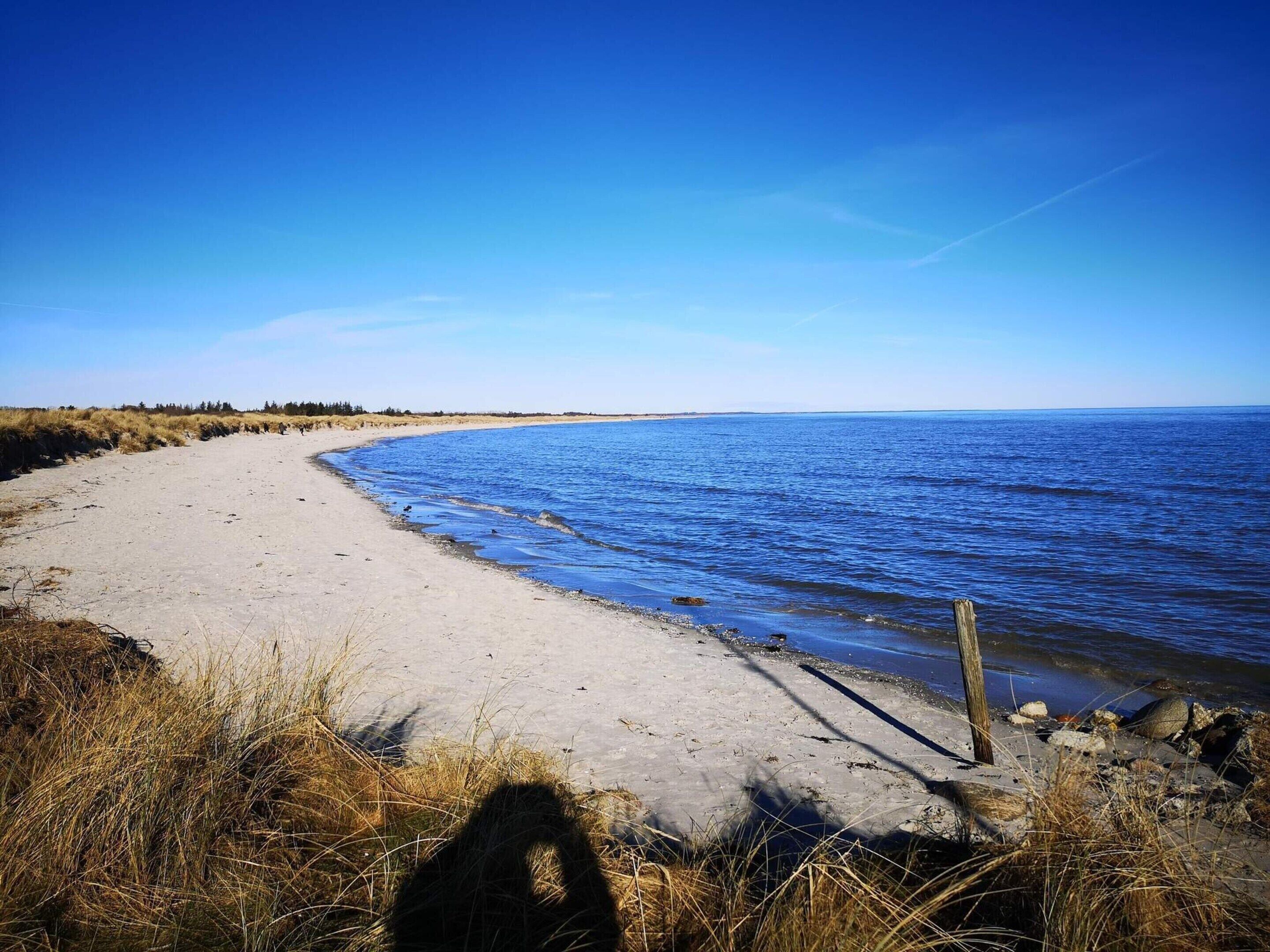 A beach with a clear sky, sandy shore, and a wooden post.