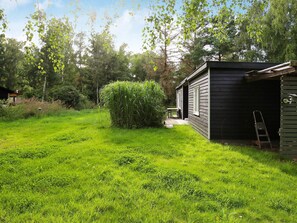 Eine Holzhütte mit Tür und Fenstern, ein grünes Rasenstück mit einem Busch und eine an der Hütte angelehnte Leiter.