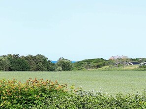 A rural landscape with a field, trees, and houses in the background.