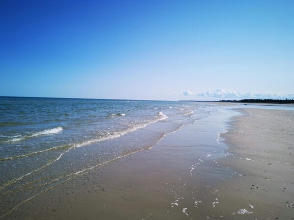 A beach with gentle waves, a clear sky, and a distant shoreline.