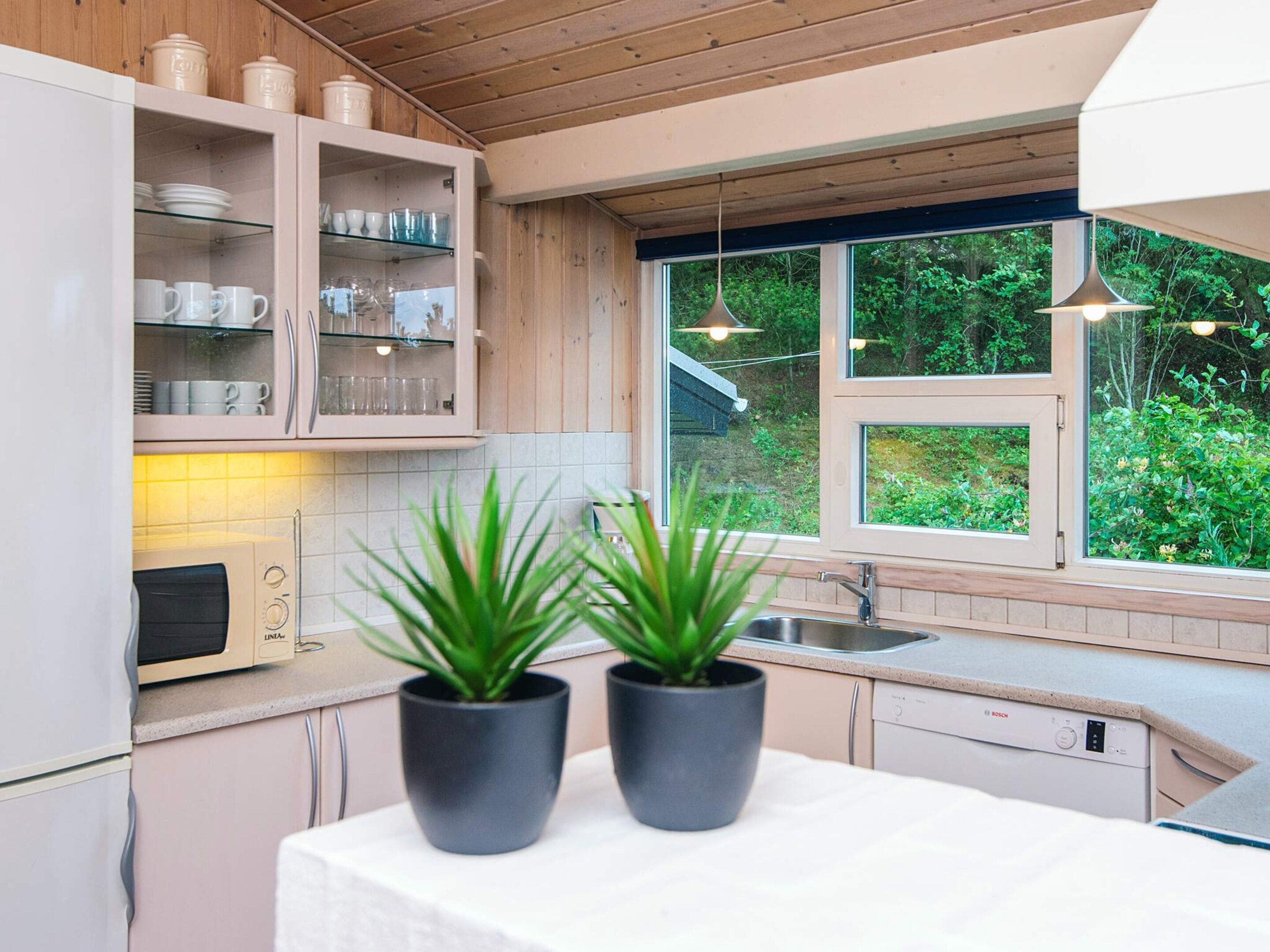 Une cuisine moderne avec des meubles en bois, un four à micro-ondes, un lave-vaisselle Bosch et une fenêtre donnant sur un paysage verdoyant.