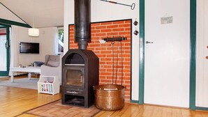 A living room with a wood-burning stove, a sofa, a television, and a door with a coat rack.