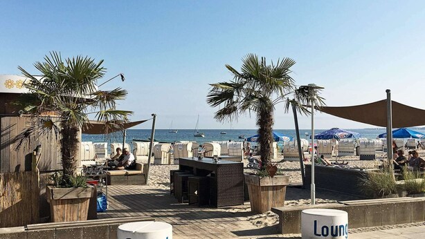 Un espace de détente aménagé sur la plage, avec des sièges et des palmiers, une terrasse en bois et une vue sur la mer.