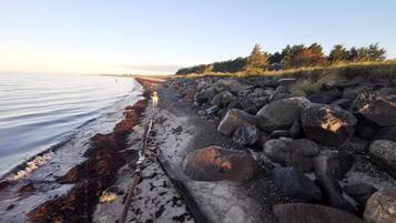 A rocky shoreline with a clear view of the water and a distant horizon.