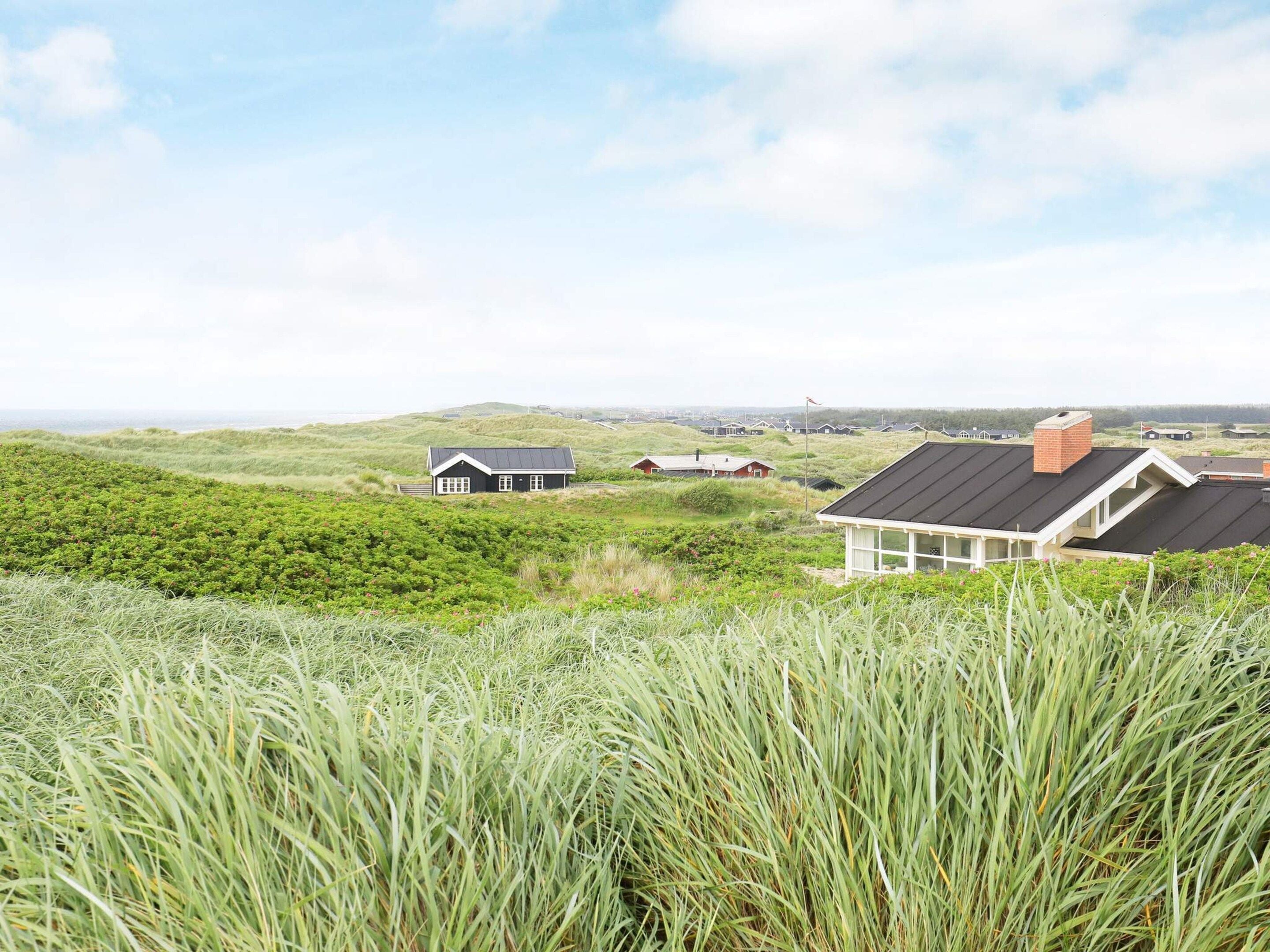 A coastal landscape with houses amidst green dunes.