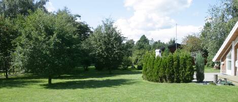 A residential area with a well-maintained lawn, a variety of trees, and a building with a sloped roof.
