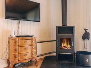 A room with a wood-burning stove, a wooden dresser with drawers, a flat-screen TV mounted on the wall, and a black pot on the floor.