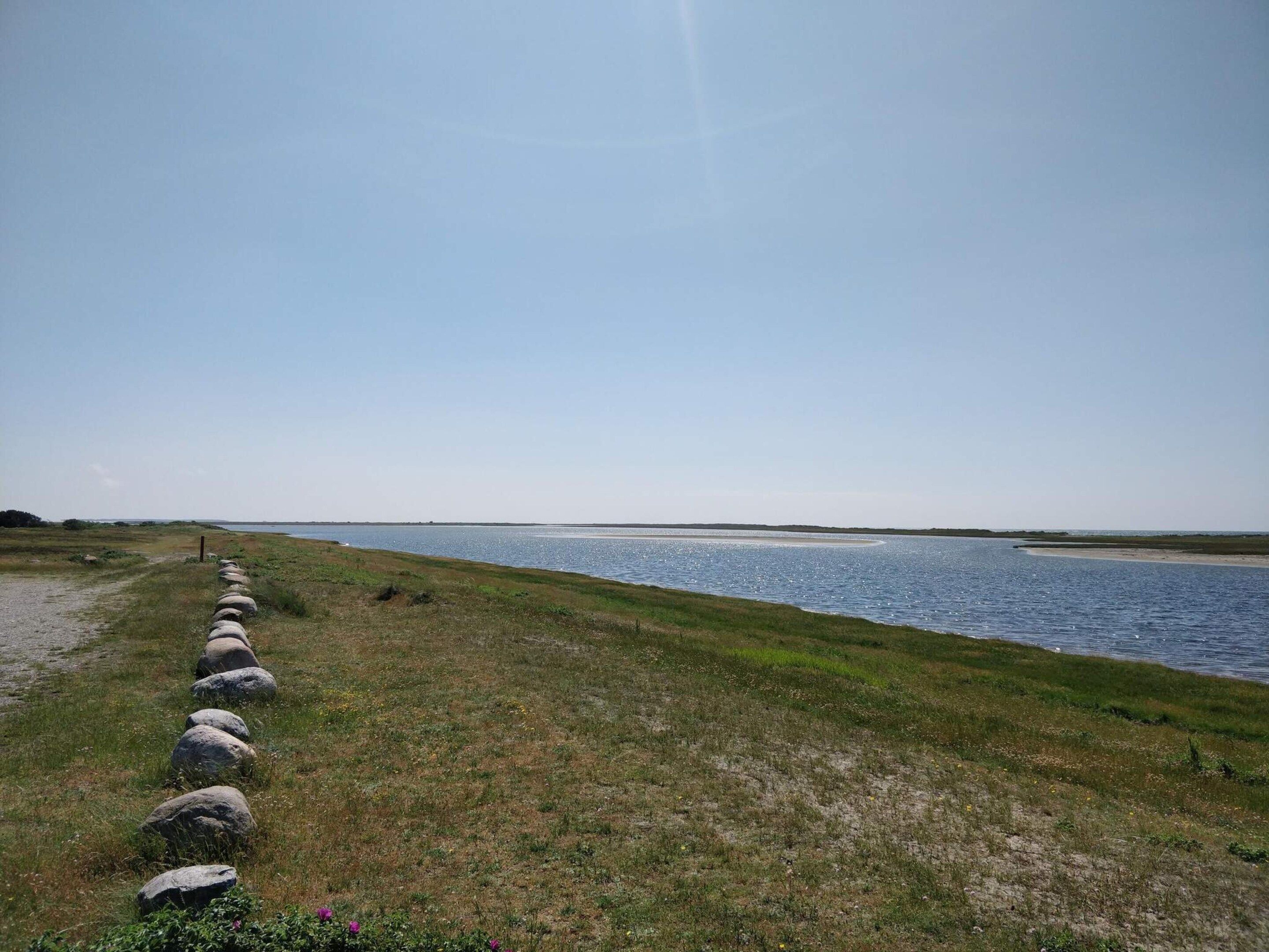 A coastal landscape with a row of stones leading to a body of water.