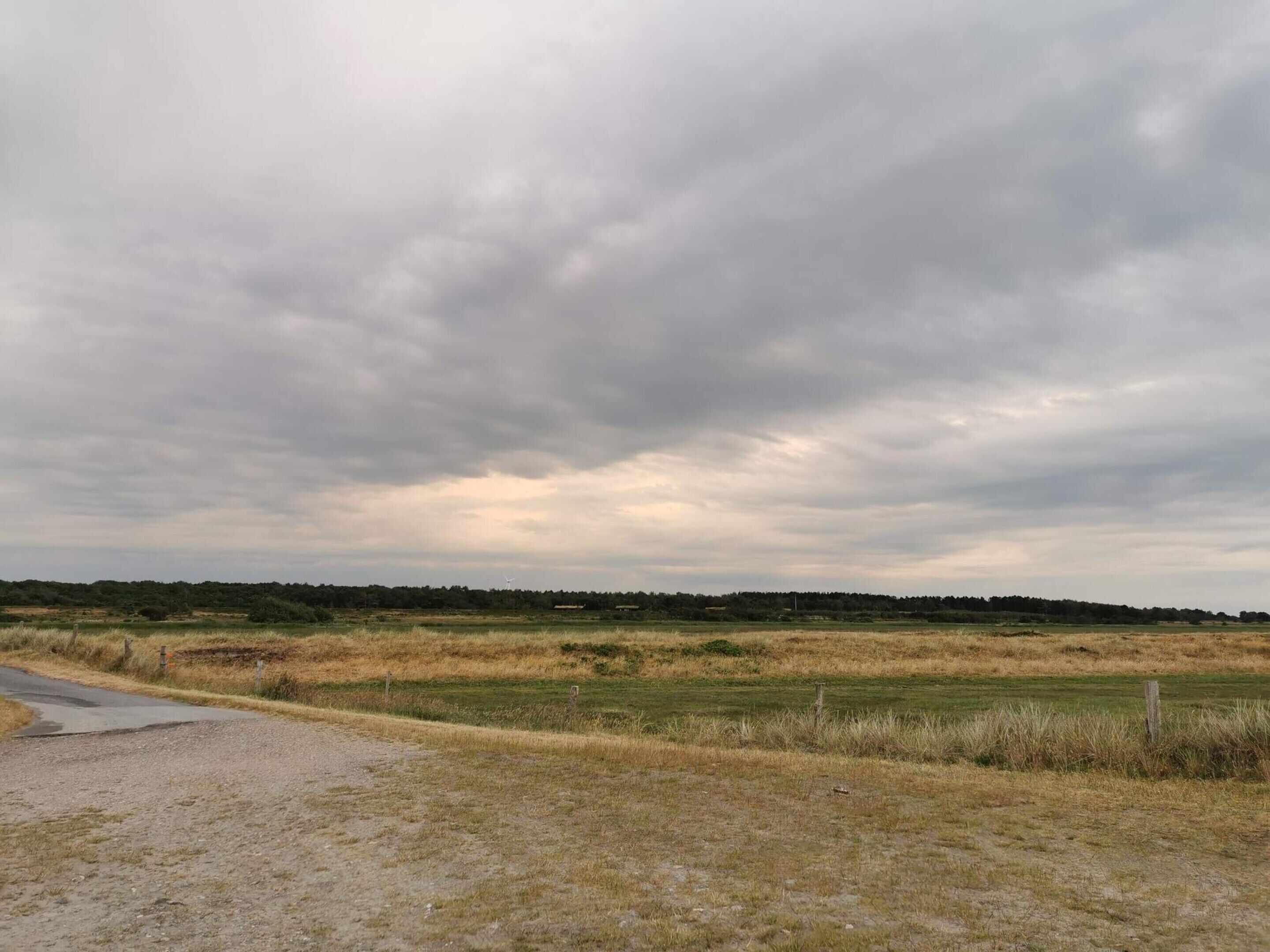 A rural landscape with a dirt road, grassy fields, and a cloudy sky.