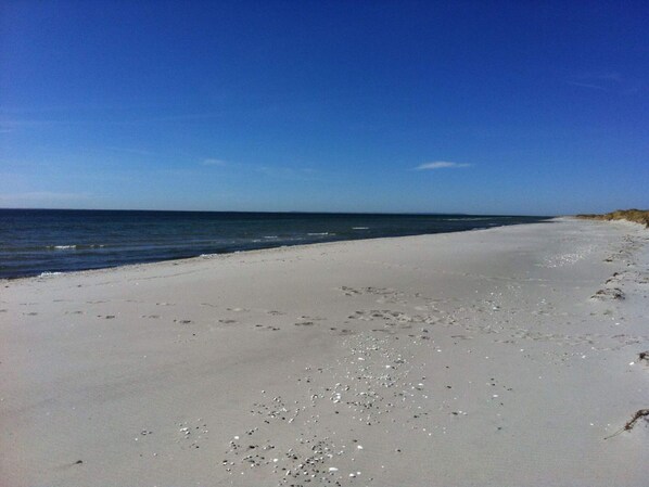 A beach with a clear sky, sandy shore, and gentle waves.