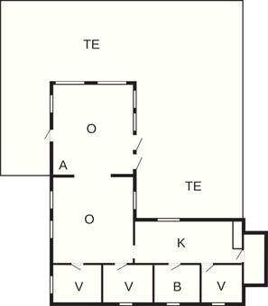 A floor plan with two bedrooms (TE), a bathroom (O), a kitchen (K), and three living areas (V).
