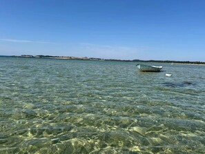 A boat on clear shallow water with distant land.