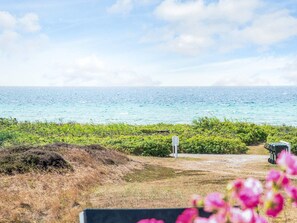 Un paysage côtier offrant une vue dégagée sur l’océan, une zone herbeuse parsemée d’arbustes et un sentier menant à une construction sur laquelle est apposée une enseigne blanche.