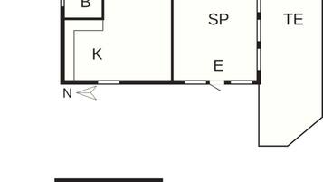 A floor plan with labeled rooms: TE, O, V, SP, E, B, K, N, and a separate Pr.