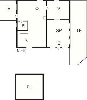 A floor plan with labeled rooms: TE, O, V, SP, E, B, K, N, and a separate Pr. - 2 Person Holiday Home in Hemmet-by Traum (Hemmet)